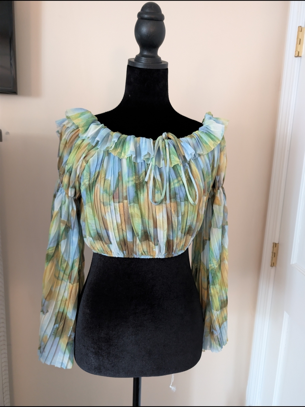 Zara Watercolor Pleated Mesh Crop Top Small Blue Green